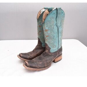 Corral 8.5 Turquoise Floral Embroidered Western Boots Square Toe Leather Womens